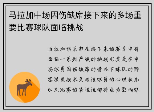 马拉加中场因伤缺席接下来的多场重要比赛球队面临挑战