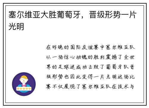 塞尔维亚大胜葡萄牙，晋级形势一片光明