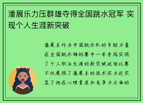 潘展乐力压群雄夺得全国跳水冠军 实现个人生涯新突破