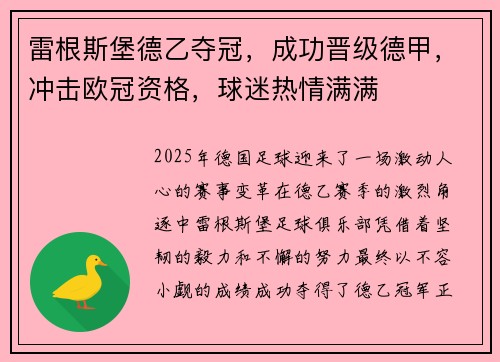 雷根斯堡德乙夺冠，成功晋级德甲，冲击欧冠资格，球迷热情满满